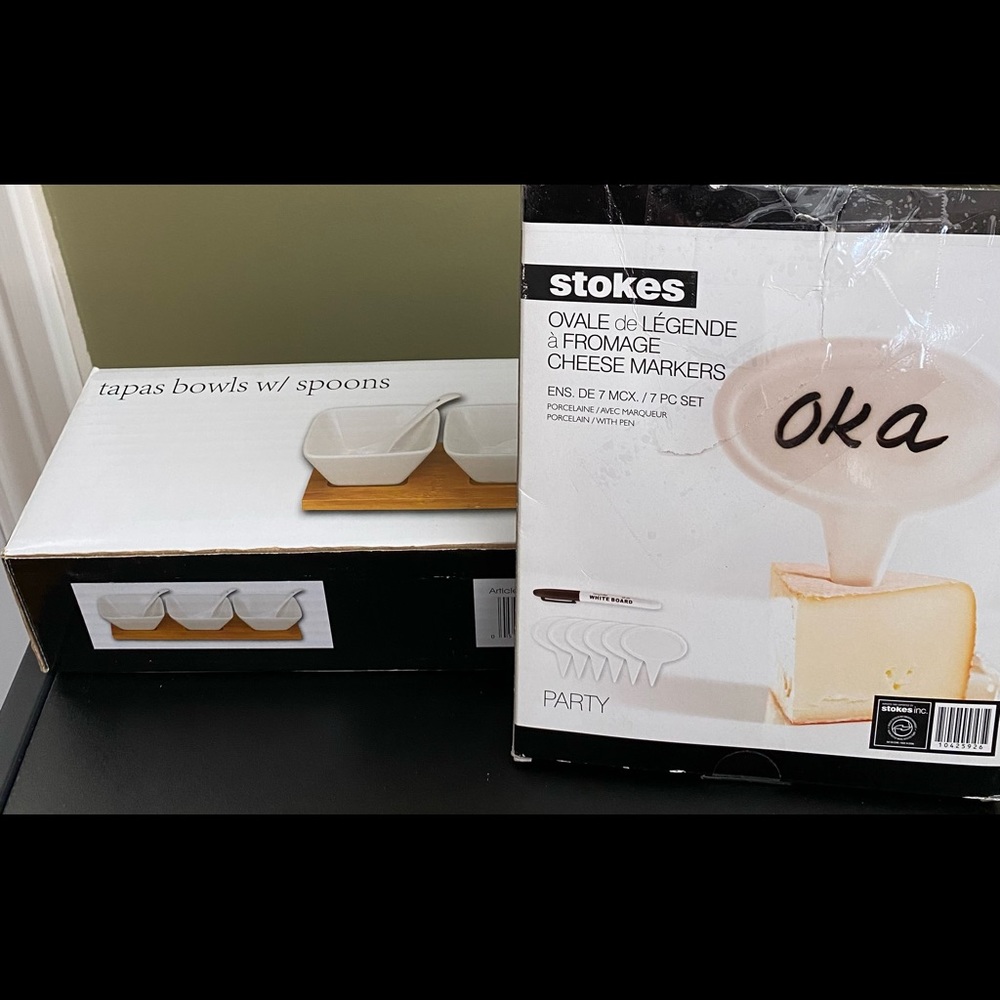 Set of 3 square ceramic bowls on wooden tray and set of 6 cheese markers. New